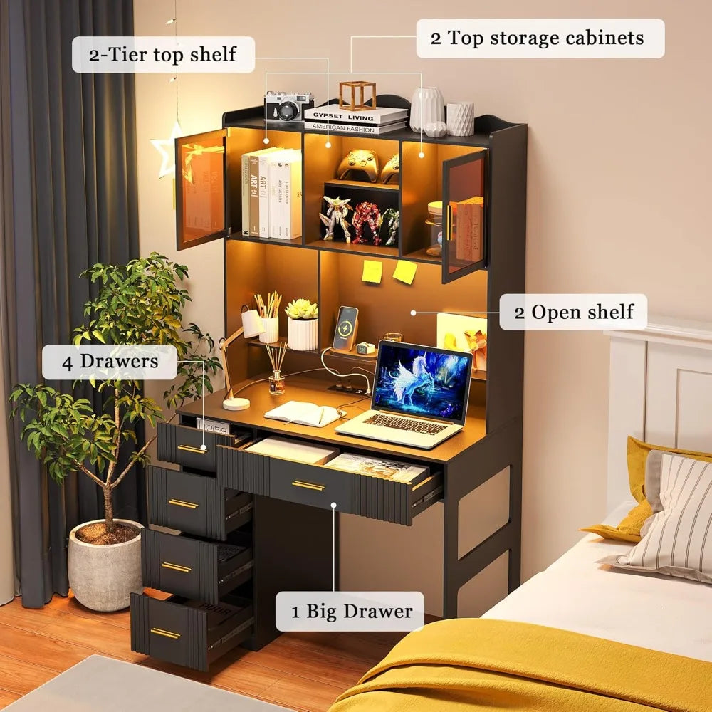 LED Study Desk With Hutch And Charging Station For Office