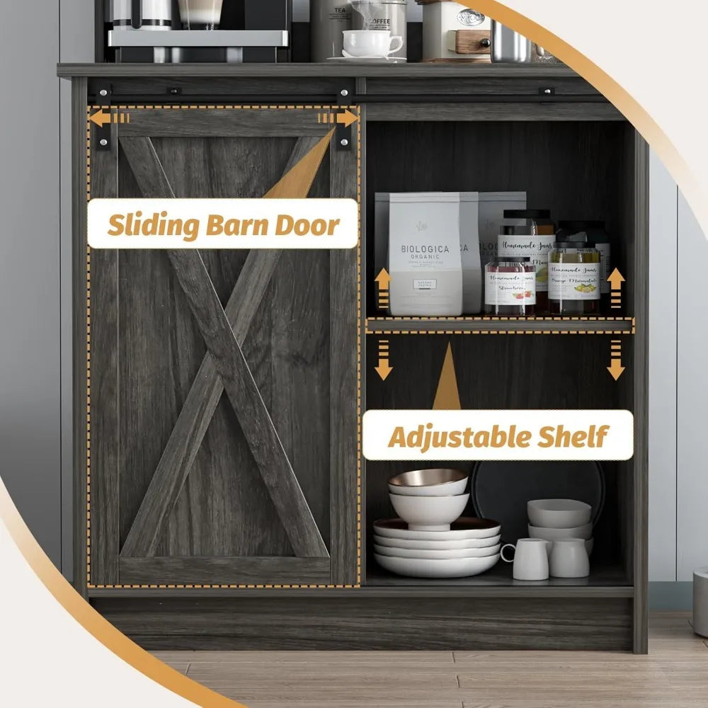 Farmhouse Coffee Bar with Hutch,Buffet Cabinet with Sliding Barn Door, Storage Bar Cabinet with  Hook Coffee Bar Table