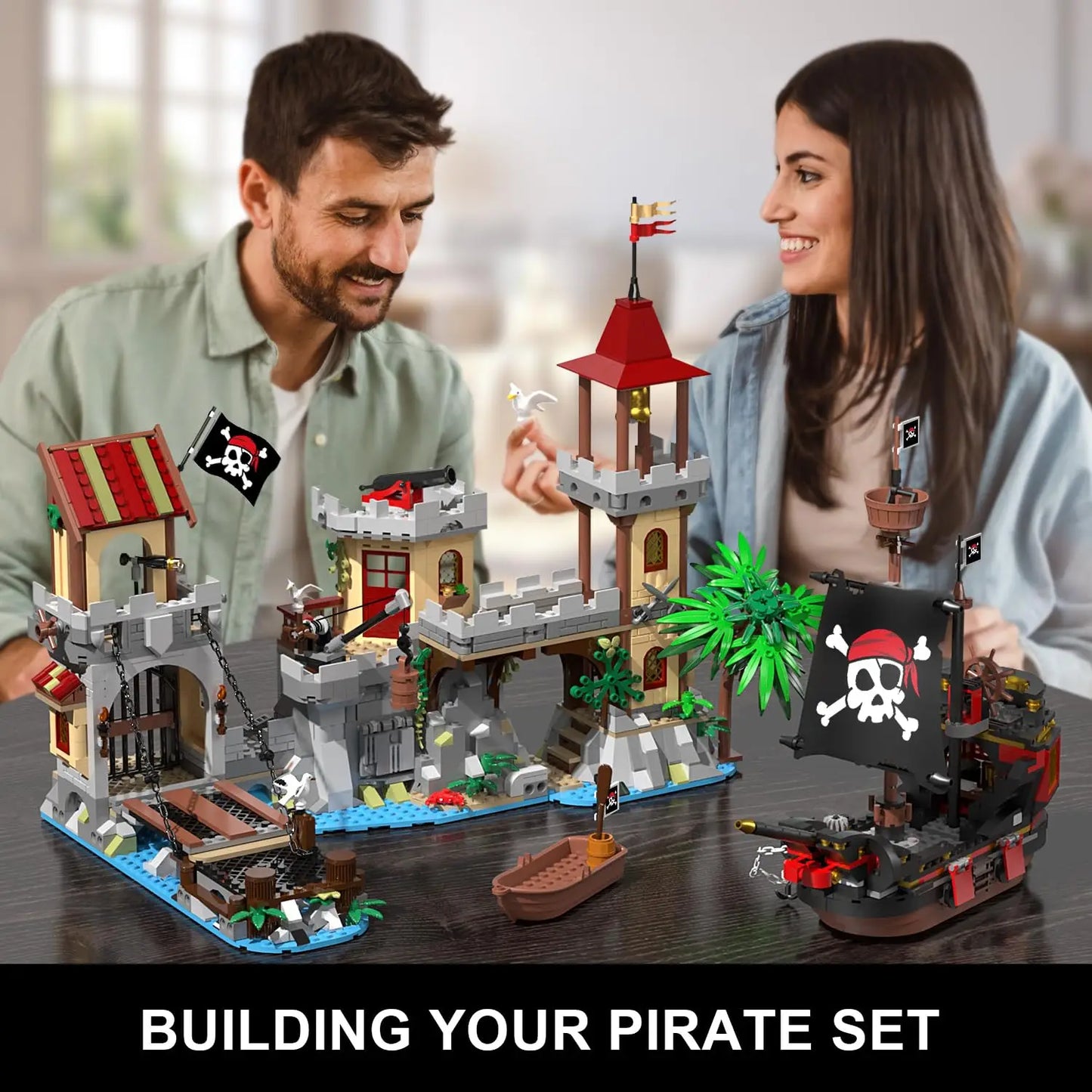 HOGOKIDS Pirate Castle Building Set With Light and Ship