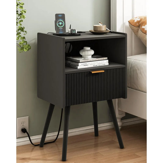 MKDK Nightstand With Outlet Modern Bedside Table And Storage