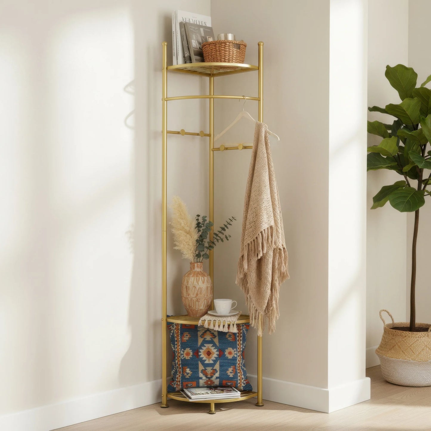 Metal Corner Coat Racks, Gold Clothing Racks Hall Tree, Freestanding Garment Rack with Hooks and Storage Shelf for Hallway