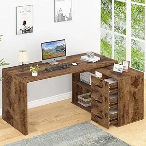 L Shape Desk With Drawers And Storage Cabinet Shelves