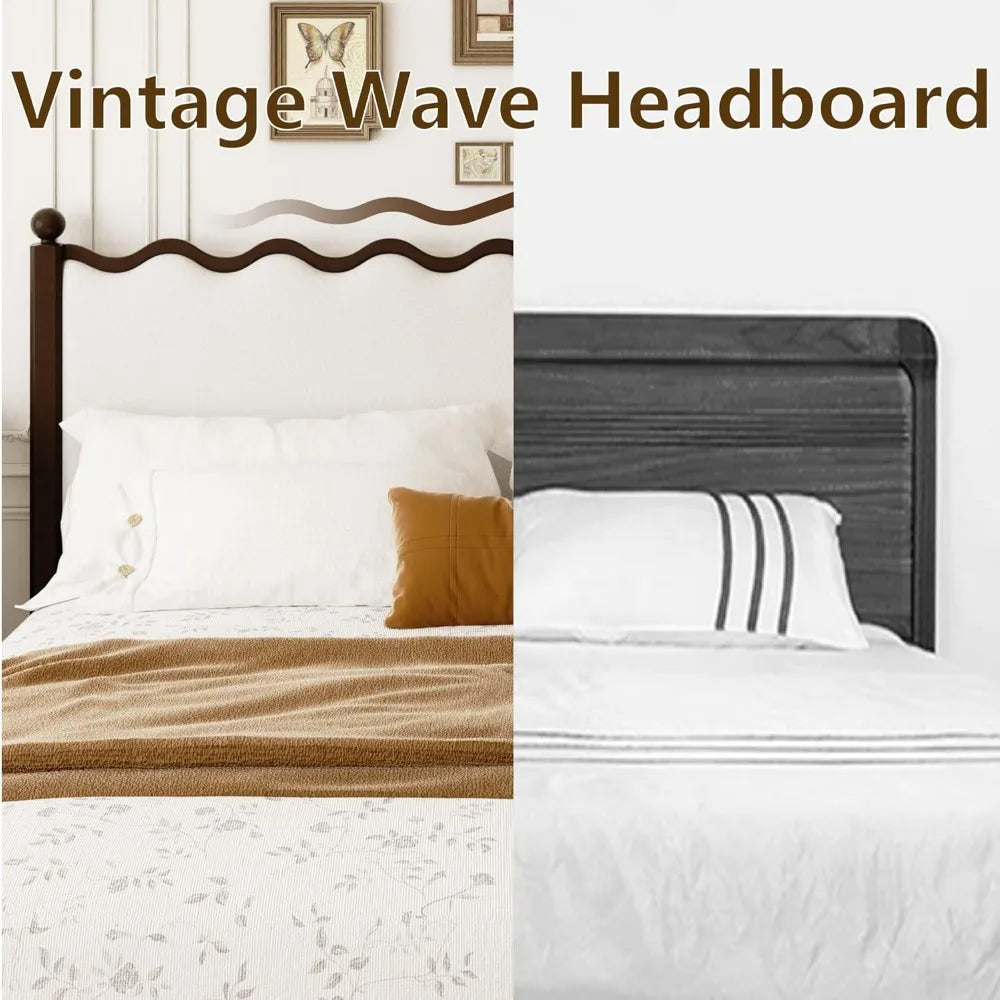 Frame Leather Upholstered Wood Bed Frame With Vintage Wave Headboard